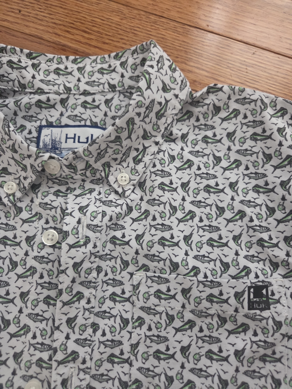 Huk Kids  Button-Down Shirt with Green & Black Fish Print